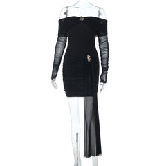 Off shoulder long sleeve mesh ruched mini dress | Festival Outfits Women