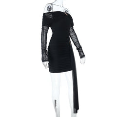 Off shoulder long sleeve mesh ruched mini dress | Festival Outfits Women