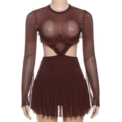 Crewneck long sleeve mesh ruched mini dress | Festival Outfits Women