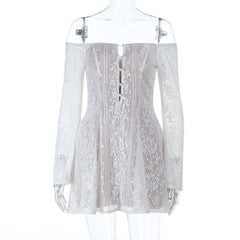 Off shoulder button hollow out cut out mini dress | Festival Outfits Women