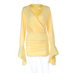 Long flared sleeve v neck ruched solid mini dress | Festival Outfits Women