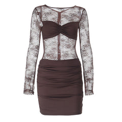 Long sleeve ruched lace zip-up mini dress | Festival Outfits Women