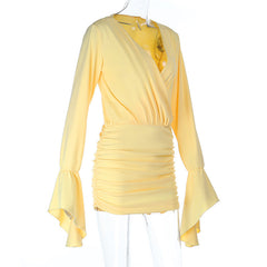 Long flared sleeve v neck ruched solid mini dress | Festival Outfits Women