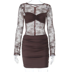 Long sleeve ruched lace zip-up mini dress | Festival Outfits Women