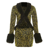 Leopard print fluffy long sleeve mini skirt set | Festival Outfits Women | Leopard Print Mini Dress
