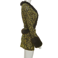 Leopard print fluffy long sleeve mini skirt set | Festival Outfits Women | Leopard Print Mini Dress