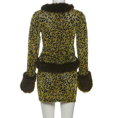 Leopard print fluffy long sleeve mini skirt set | Festival Outfits Women | Leopard Print Mini Dress