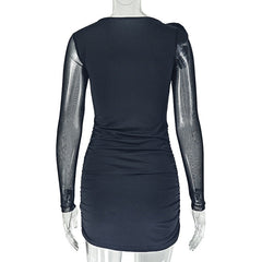 Long sleeve flower applique ruched mini dress | Festival Outfits Women