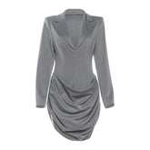 Turnover collar v neck long sleeve ruched mini dress | Festival Outfits Women