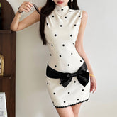High neck sleeveless polka dot bowknot mini dress | Festival Outfits Women