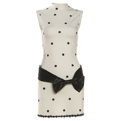 High neck sleeveless polka dot bowknot mini dress | Festival Outfits Women