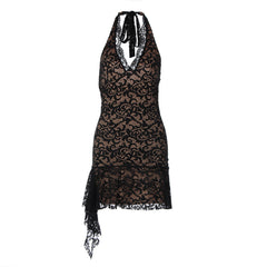 Halter v neck ruffle lace mini dress | Festival Outfits Women