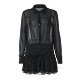 Turnover collar long sleeve button chiffon polka dot mini dress | Festival Outfits Women