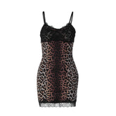Leopard print v neck lace hem cami mini dress | Festival Outfits Women | Leopard Print Mini Dress