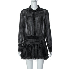 Turnover collar long sleeve button chiffon polka dot mini dress | Festival Outfits Women