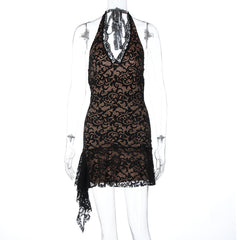 Halter v neck ruffle lace mini dress | Festival Outfits Women