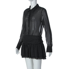 Turnover collar long sleeve button chiffon polka dot mini dress | Festival Outfits Women