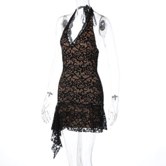 Halter v neck ruffle lace mini dress | Festival Outfits Women
