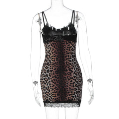 Leopard print v neck lace hem cami mini dress | Festival Outfits Women | Leopard Print Mini Dress