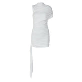 Ruched one shoulder solid high neck mini dress | Festival Outfits Women