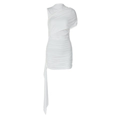 Ruched one shoulder solid high neck mini dress | Festival Outfits Women