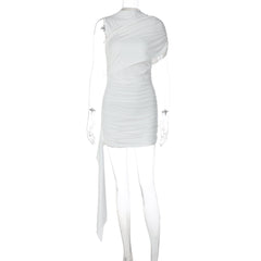 Ruched one shoulder solid high neck mini dress | Festival Outfits Women