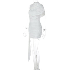 Ruched one shoulder solid high neck mini dress | Festival Outfits Women