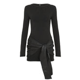 Crewneck long sleeve PU leather solid mini dress | Festival Outfits Women