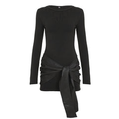 Crewneck long sleeve PU leather solid mini dress | Festival Outfits Women