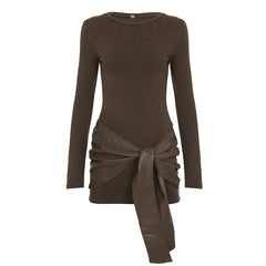 Crewneck long sleeve PU leather solid mini dress | Festival Outfits Women