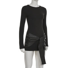 Crewneck long sleeve PU leather solid mini dress | Festival Outfits Women