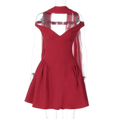 V neck off shoulder solid zip-up mini dress | Festival Outfits Women