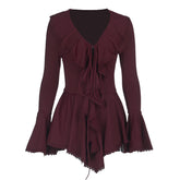Long flared sleeve ruffle v neck self tie mini dress | Festival Outfits Women