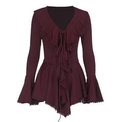 Long flared sleeve ruffle v neck self tie mini dress | Festival Outfits Women