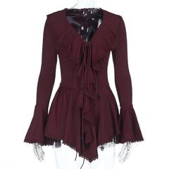 Long flared sleeve ruffle v neck self tie mini dress | Festival Outfits Women
