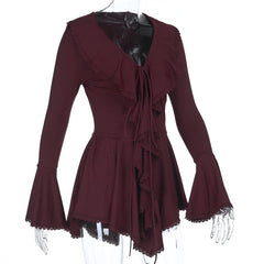 Long flared sleeve ruffle v neck self tie mini dress | Festival Outfits Women