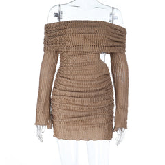 Textured long sleeve off shoulder hollow out cut out mini dress | Festival Outfits Women