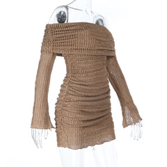 Textured long sleeve off shoulder hollow out cut out mini dress | Festival Outfits Women