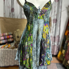 Self tie v neck print lace patchwork cami mini dress | Festival Outfits Women