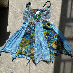 Self tie v neck print lace patchwork cami mini dress | Festival Outfits Women
