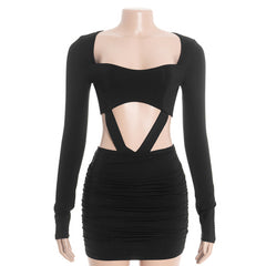 Long sleeve ruched hollow out cut out mini dress | Festival Outfits Women