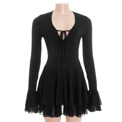 V neck self tie long flared sleeve mini dress | Festival Outfits Women