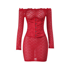 Off shoulder long sleeve lace corset lace up 2 piece mini dress | Festival Outfits Women