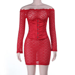 Off shoulder long sleeve lace corset lace up 2 piece mini dress | Festival Outfits Women
