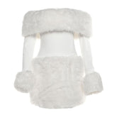 Off shoulder long sleeve fluffy mini dress | Festival Outfits Women