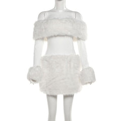 Off shoulder long sleeve fluffy mini dress | Festival Outfits Women