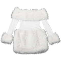 Off shoulder long sleeve fluffy mini dress | Festival Outfits Women