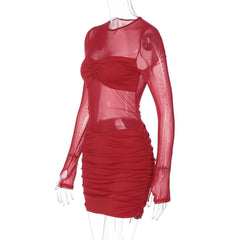 Long sleeve crewneck mesh ruched mini dress | Festival Outfits Women