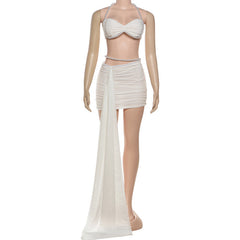 Halter beaded ruched mesh mini dress | Festival Outfits Women