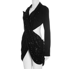 Glitter long sleeve v neck hollow out cut out mini dress | Festival Outfits Women